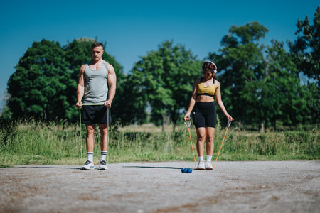 Diverse couple exercising outdoors with resistance bands on a sunny dayの写真素材