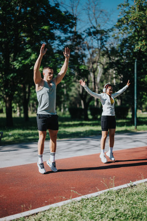 Active diverse duo exercising outdoors on a bright day in the parkの写真素材