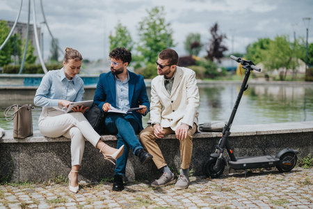 Business professionals sitting outdoors discussing work with a modern urban backdropの写真素材