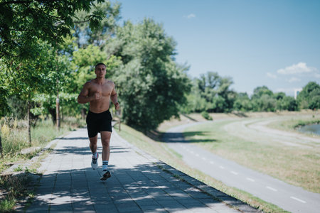 Man jogging on a sunny day in nature along a park pathの写真素材