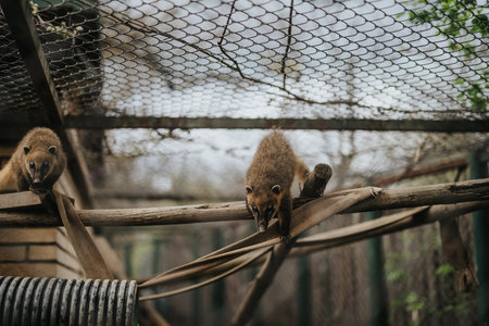 Coati exploring its enclosure with natural branches and netting in a zoo settingの写真素材