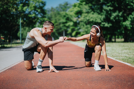 Two friends fist bumping during a fitness activity on a park running trackの写真素材