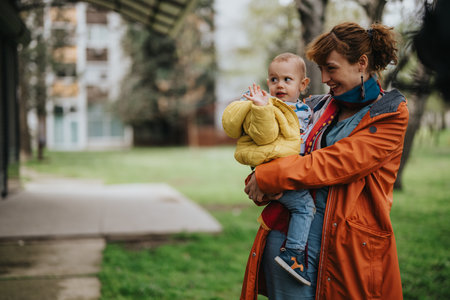Mother holding her child outdoors on a pleasant day