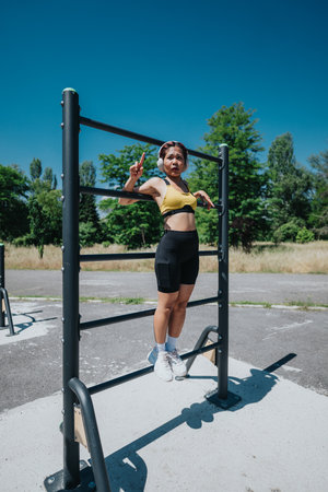 Woman exercising outdoors on a fitness bar in a sunny park