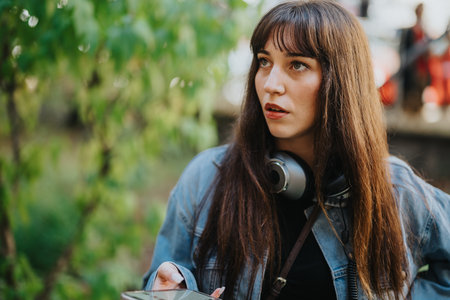 Young woman outdoors with headphones, looking surprised and thoughtfulの写真素材