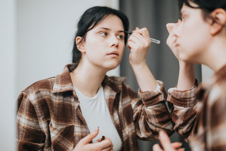 Young woman applying makeup while looking into a mirrorの写真素材