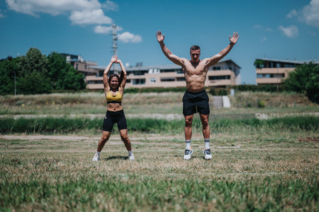 Two Athletes Performing Jumping Jacks Outdoors on a Sunny Day