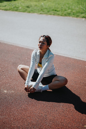 Woman stretching outdoors on a sunny dayの写真素材