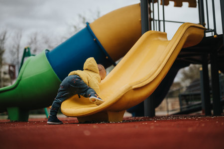 Child climbing up a slide in an outdoor playground settingの写真素材