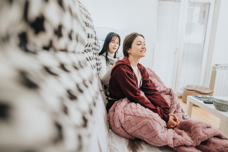Two friends relaxing indoors with cozy blankets in a comfortable settingの写真素材