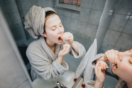 Woman flossing teeth in bathroom mirror wearing towel and gray bathrobeの写真素材