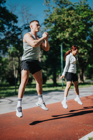 Dynamic fitness training outdoors with diverse individuals performing jump exercisesの写真素材