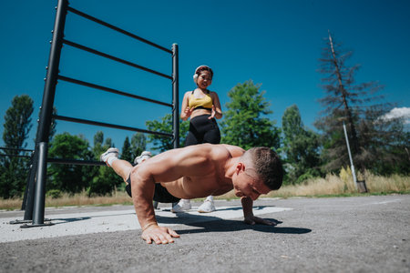 Outdoor fitness workout at park with man and woman exercising togetherの写真素材