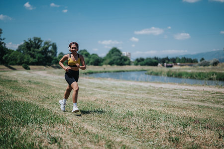 Young woman jogging by a lake in a sunny outdoor settingの写真素材