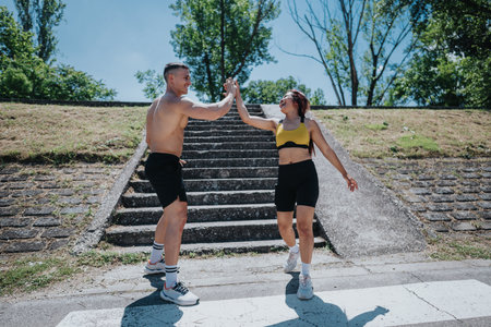 Fit couple high-fiving outdoors during sunny day near staircase in exercise attireの写真素材