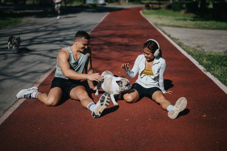 Diverse sporty couple relaxing with their dog on a running trackの写真素材