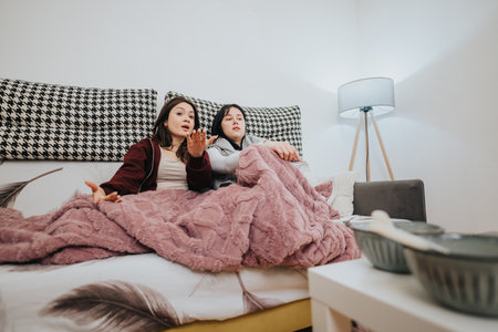 Two young women relaxing at home and sharing a cozy blanketの写真素材