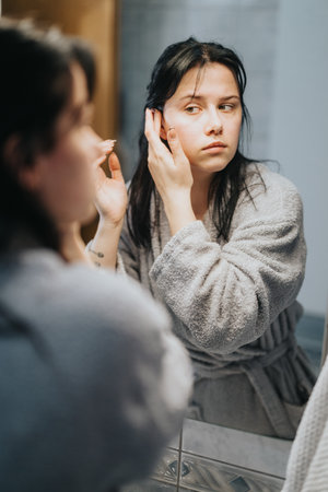 Young woman touching her face while examining her skin in the mirrorの写真素材