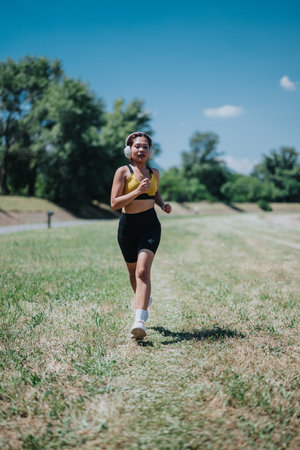 Young woman jogging outdoors while listening to music on a sunny summer dayの写真素材