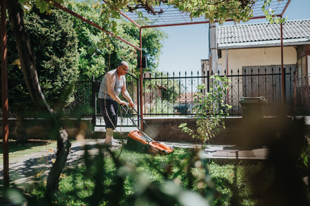 Man mowing the sunny backyard lawn with a lawn mower in a fenced gardenの写真素材