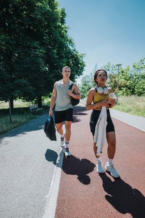 Fitness couple walking outdoors in summer along a tree-lined path under sunshineの写真素材