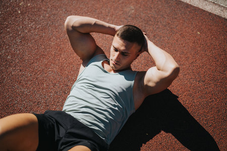 Man in athletic wear doing sit-ups on outdoor sports trackの写真素材