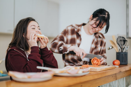 Two cheerful girls preparing food together in a cozy home kitchenの写真素材