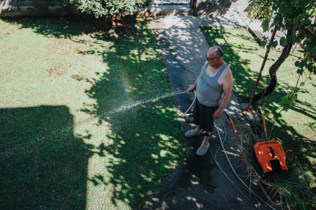 Man waters lawn with hose in sunny backyard garden on a summer day
