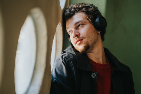 Man with headphones gazing thoughtfully out the circular windowの写真素材