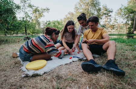 Group of friends enjoying a park picnic and building blocks on a blanket togetherの写真素材