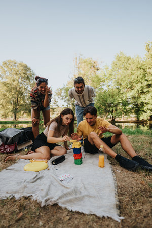 Friends enjoying an outdoor picnic and group game in the park with colorful blocks