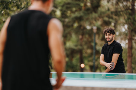 Two men play table tennis in a sunny park and share a friendly moment