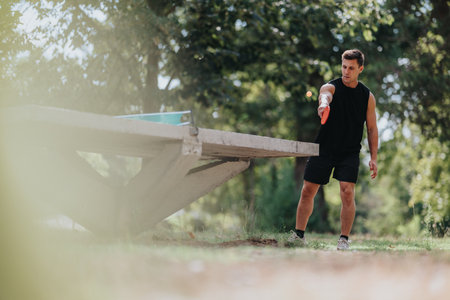 Athlete plays outdoor table tennis near a wooden bench in a sunny park