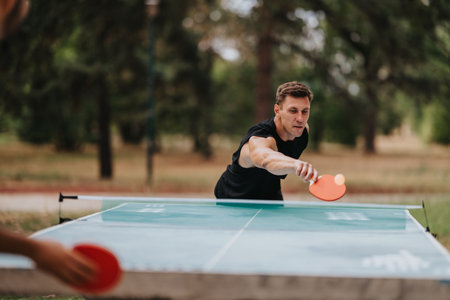Focused man plays outdoor table tennis with orange paddle, delivering a fast, competitive shot