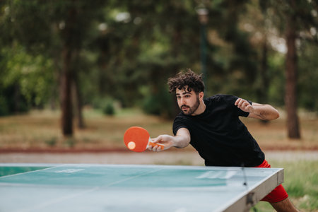 Young man playing table tennis outdoors, reaching to return a shot with orange paddleの写真素材