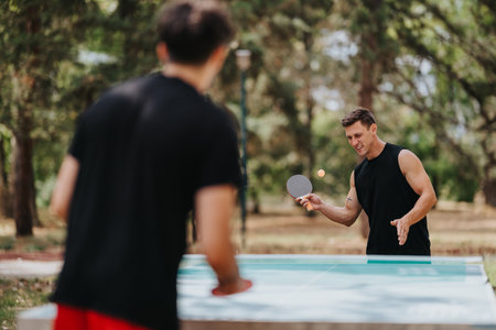Two men playing table tennis outdoors in a park, smiling and focused during a sunny afternoon.の写真素材