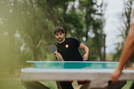 Young man plays table tennis outdoors, focused on the shot during a sunny park dayの写真素材