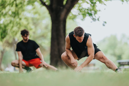 Two men stretch and warm up during an outdoor fitness workout in the park today