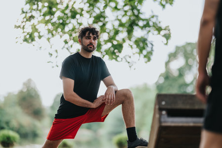 Young man outdoors performing a focused park workout in black shirt and red shorts