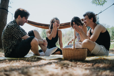 Friends enjoy a joyful outdoor picnic together, laughs and conversation under a shade canopy with a...