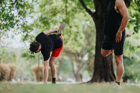 Two men perform a partner stretch in a sunny park during an outdoor fitness sessionの写真素材