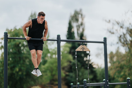 Athletic man performs outdoor pull-up on fitness bars in a park during a workout session