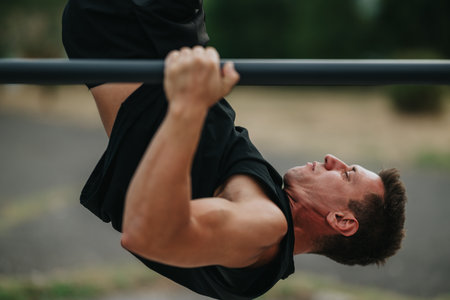Determined man performs pull-up on an outdoor bar during strength training