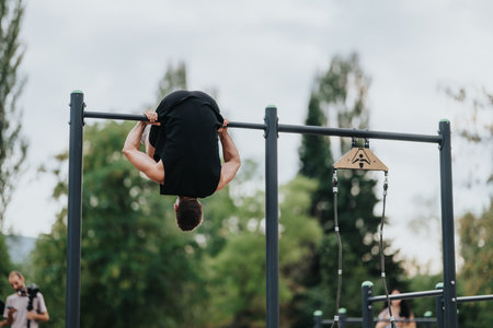 Man performs upside-down calisthenics on an outdoor pull-up bar in a park during fitness training