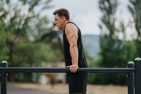 Man in black sleeveless shirt performs workout on outdoor parallel bars during sunny day todayの写真素材