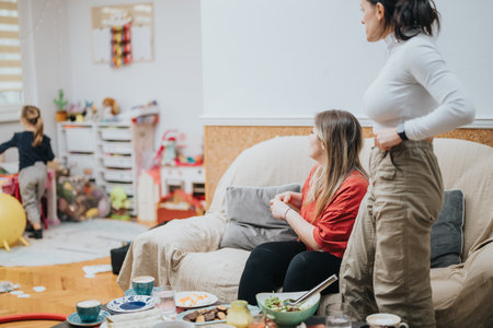 Women interacting in a cozy living room with a child playing in the backgroundの写真素材