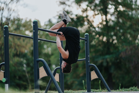 Young man performing an inverted hang on outdoor fitness bars at a green park