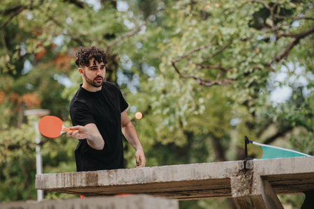 Man playing outdoor table tennis on a concrete table in a green park, focused