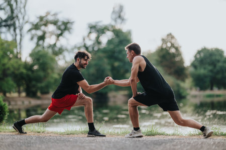 Two men in athletic wear shake hands during an outdoor workout in a parkの写真素材