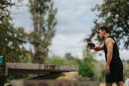 Man in black athletic wear serves a ping pong ball outdoors on a park table during daylightの写真素材